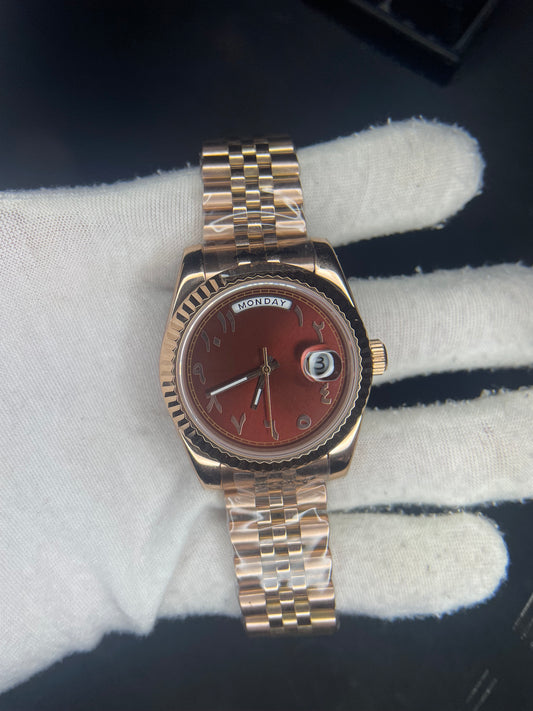 Seiko Day Date Rose Gold Arabic Chocolate Dial