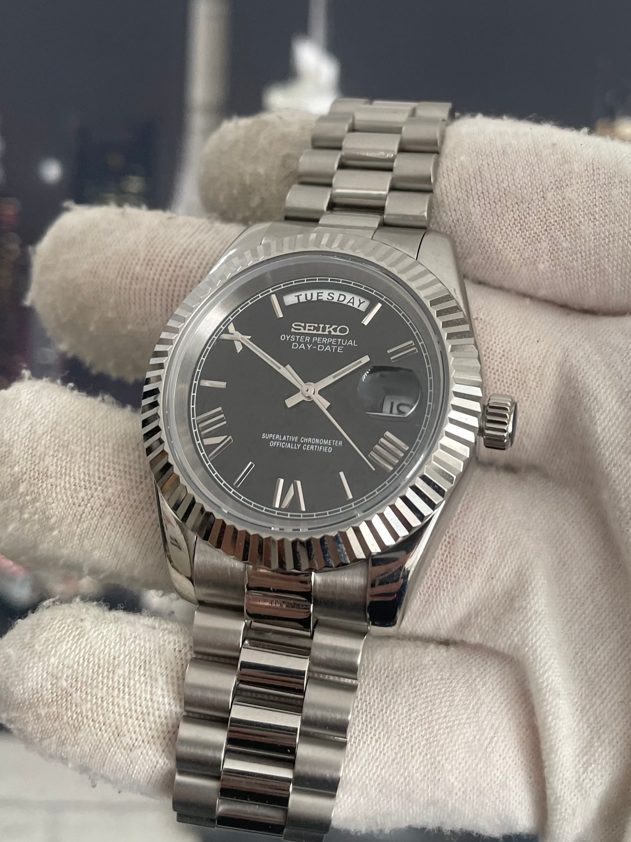 Seiko Day Date Black Roman Numeral Dial